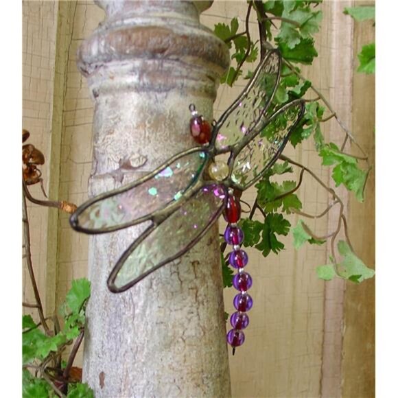 Stained Glass Dragonfly Ornament – Iridescent Clear Textured Glass Suncatcher - Picture 2 of 5
